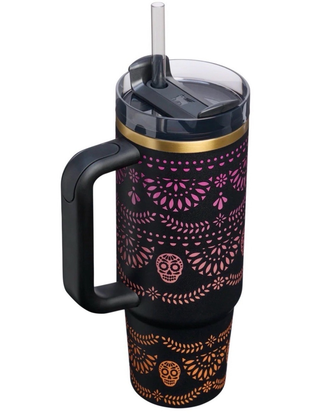 Stanley Black Tumbler with Pink and Gold Floral Day of the Dead Design - Picture 3 of 6